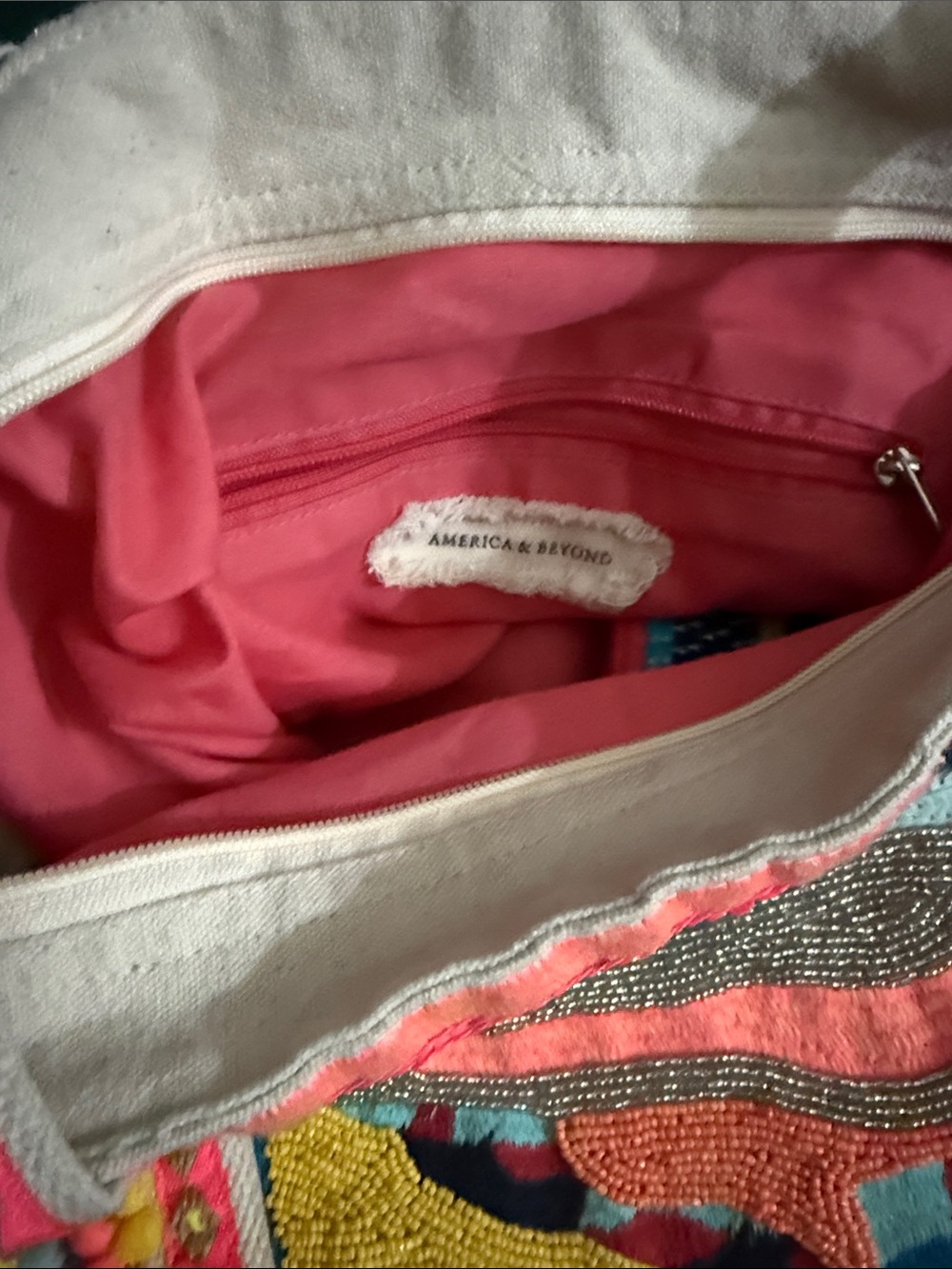 Cream Tote with Pink Interior and Colorful Beadwork